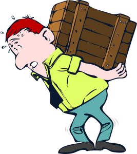 A man having trouble to move large items without getting injured because of his posture