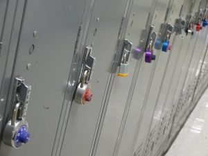 Lockers with locks in different colors. 