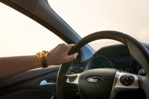 Inside of a car from the drivers perspective. 