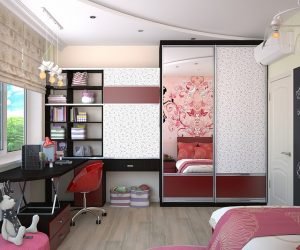 Kids room with desk, chair and shelves