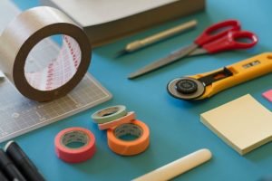 Tapes, knifes, paper labels etc. 