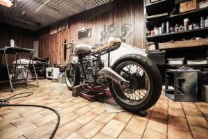 A workshop used to pack a motorcycle for relocation